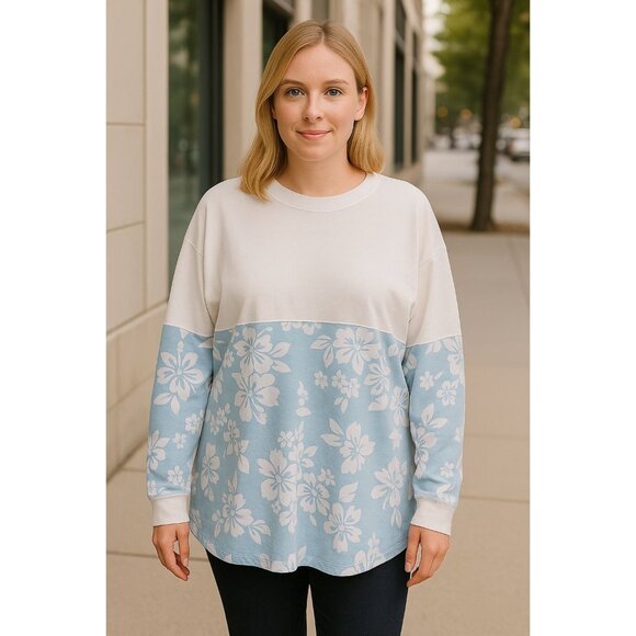 SPIRIT JERSEY Tops - Spirit Jersey XXL White & Blue Floral Long Sleeve Shirt